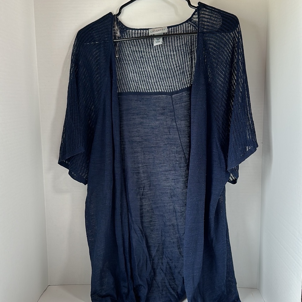 Catherine’s open front short sleeve cardigan size 3x navy blue beachy coastal